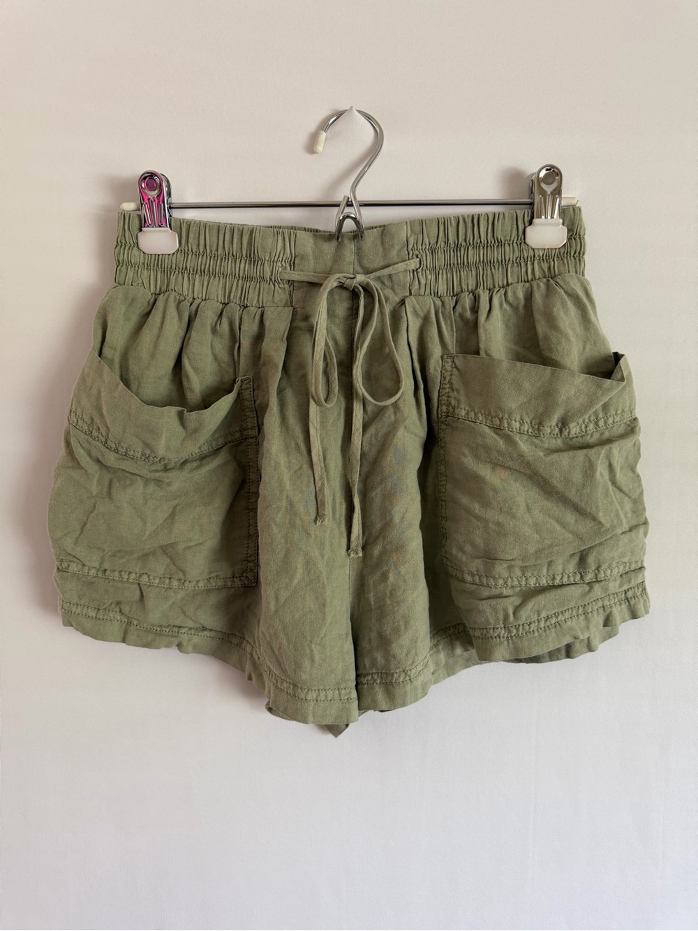 Free People Size Small Sage Green Linen-Blend High-Waisted Shorts w/ Drawstring